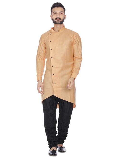 peach mandarin neck solid asymmetric kurta - 16599845 - Standard Image - 0