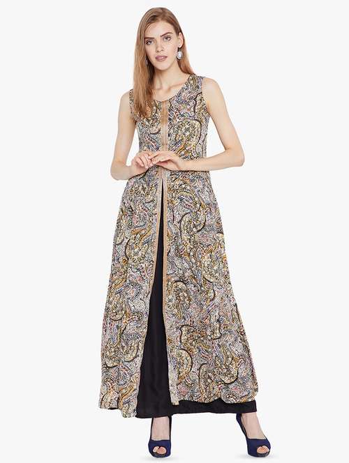 abstract printed synthetic high slit kurta - 16600742 -  Standard Image - 0