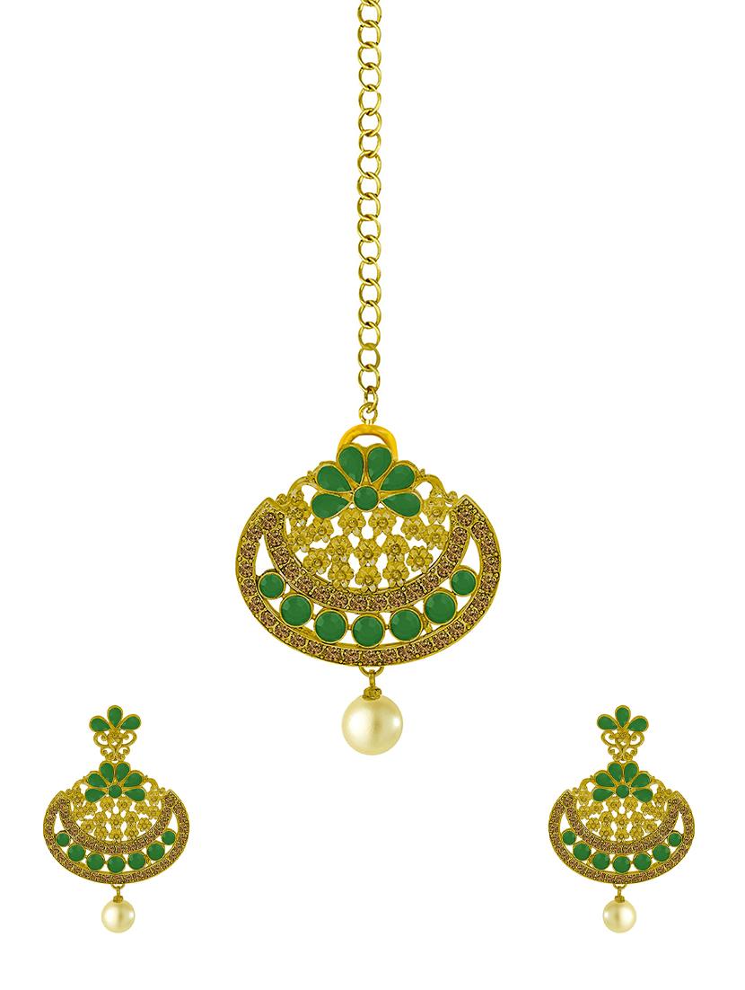 green metal chandellier earring maangtikka - 16605829 - Zoom Image - 0