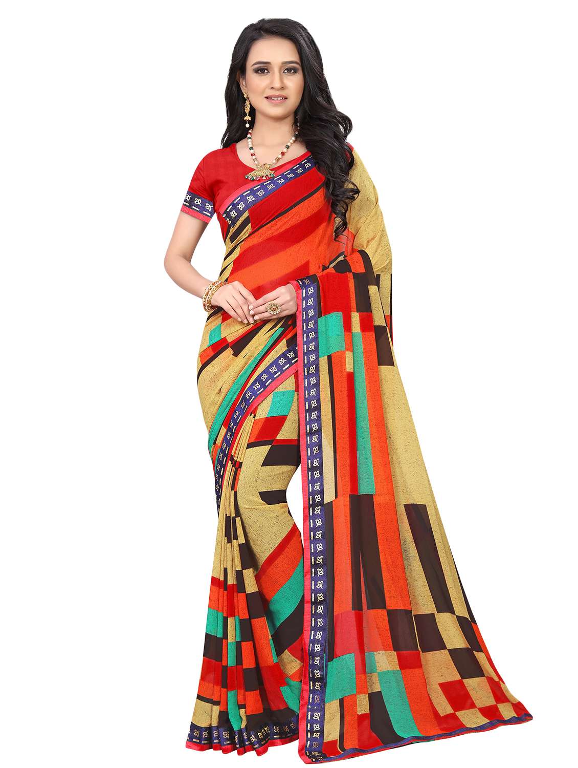 women's geometric multi colored saree with blouse - 16606082 -  Zoom Image - 0