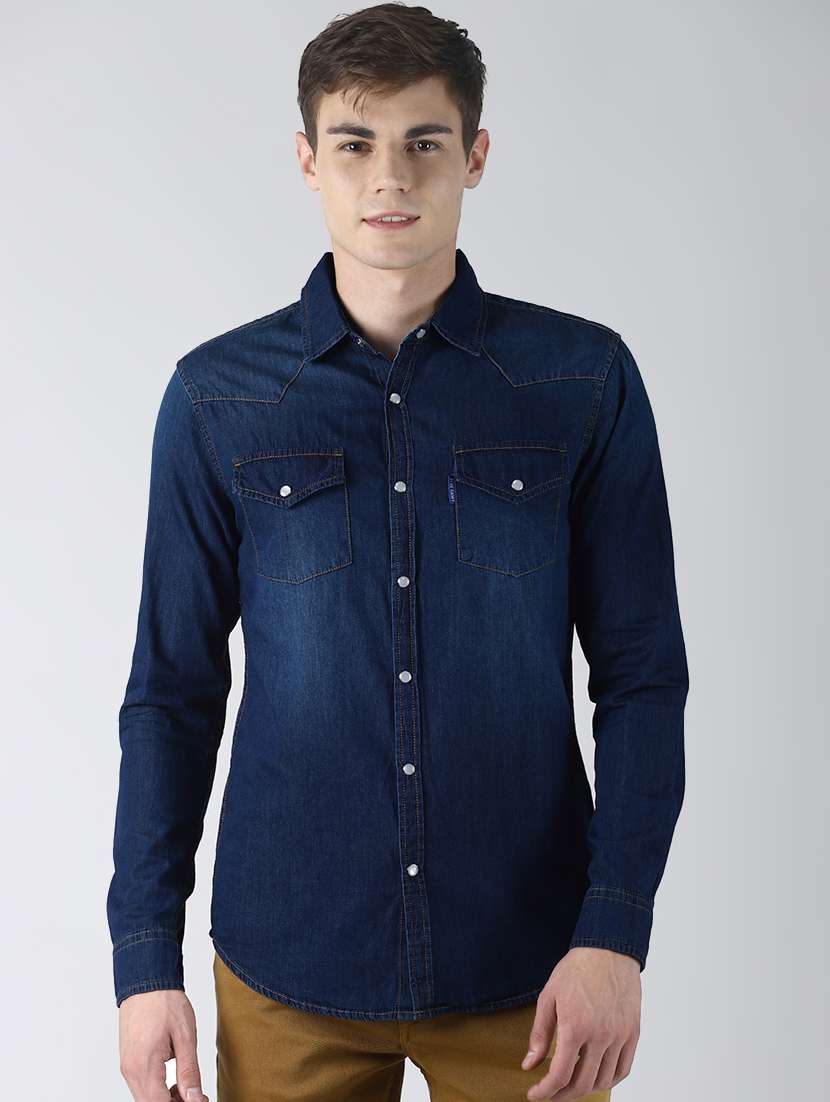 navy blue faded denim casual shirt