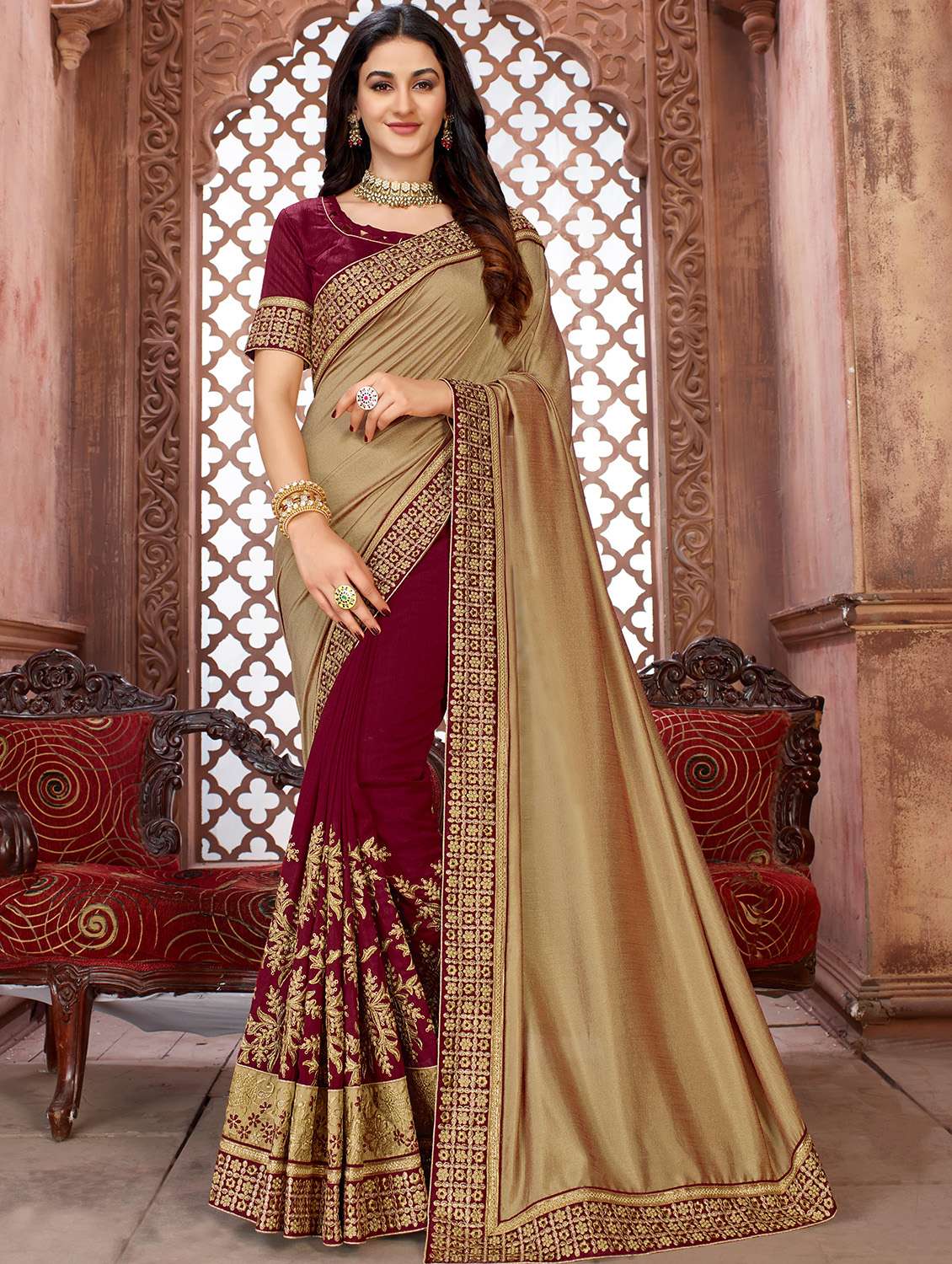 embroidered half and half saree with blouse