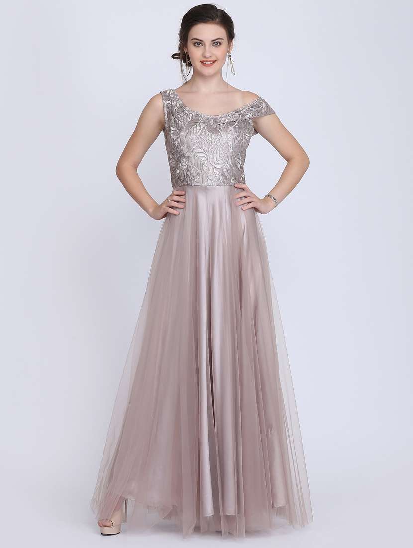 embroidered net fit & flare gown