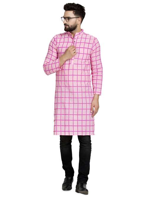 pink checkered long kurta - 16632042 - Standard Image - 0