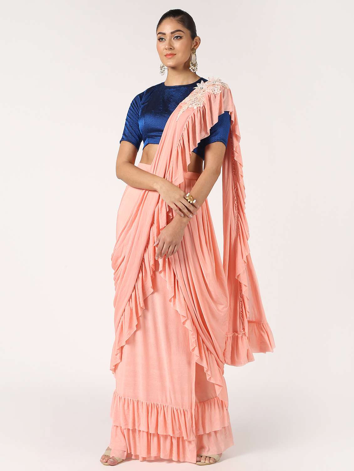 solid ruffled saree with blouse