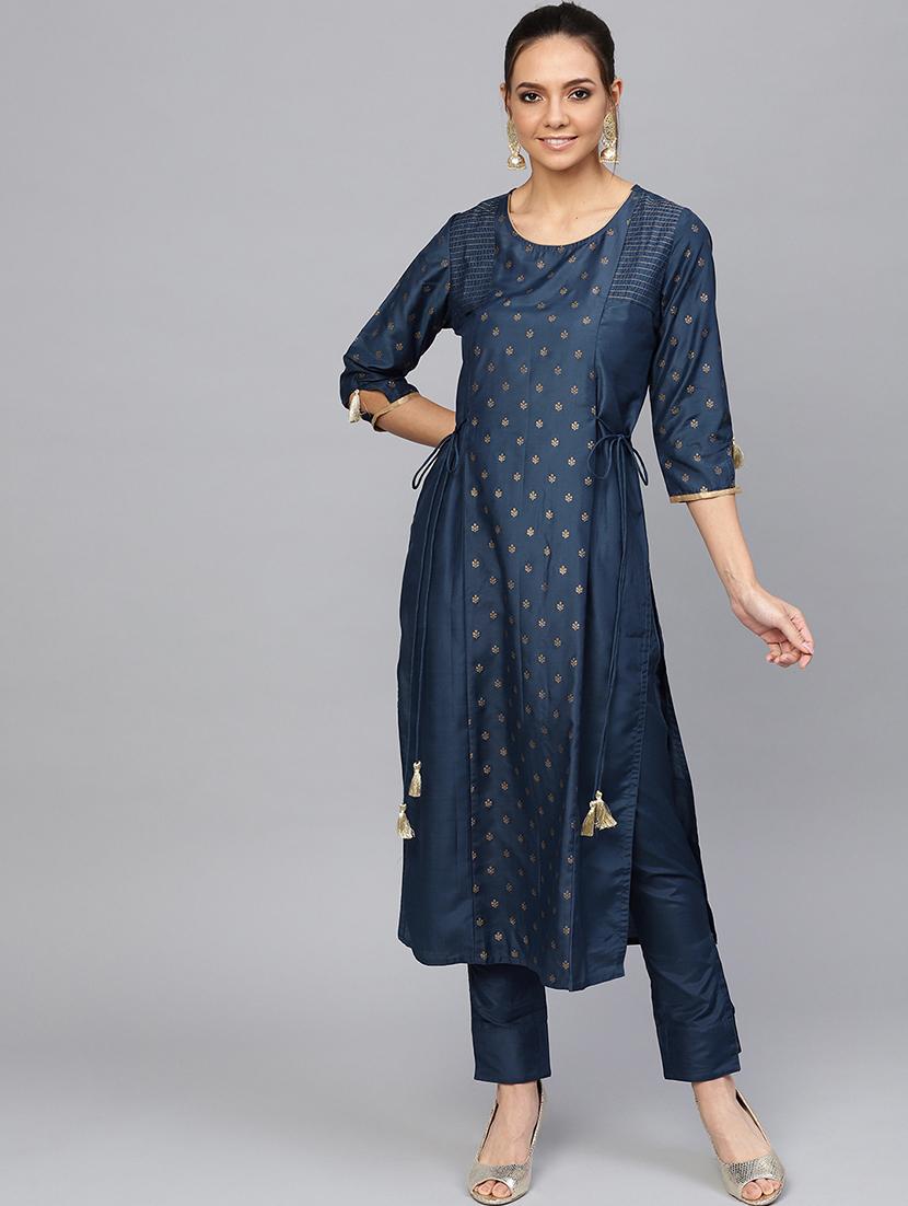 teal gold printed kurta pant set - 16644045 - Zoom Image - 0