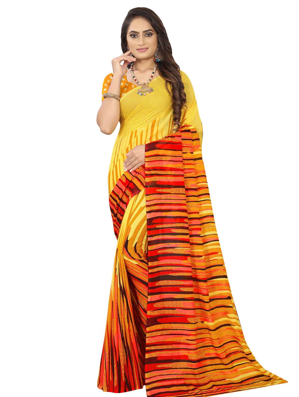 women's stripes yellow colored saree with blouse - 16646004 -  Zoom Image - 0