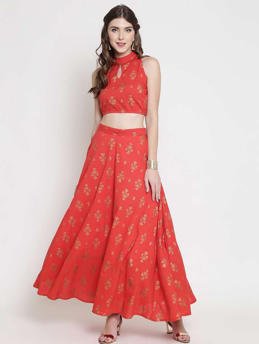 Foil Print Flared Skirt Top Set 