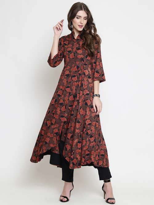 women brown block printed kurta pant set - 16659132 - Standard Image - 0