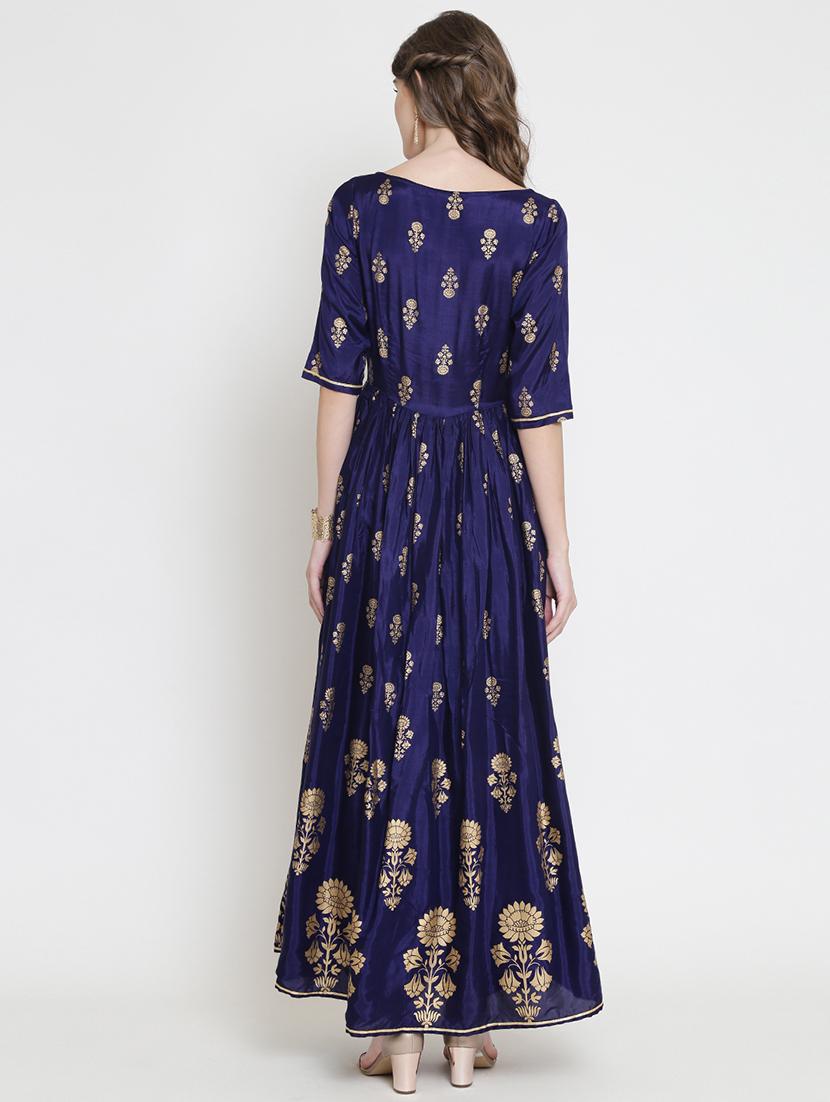 foil printed flared ethnic dress - 16659221 - Standard Image - 3