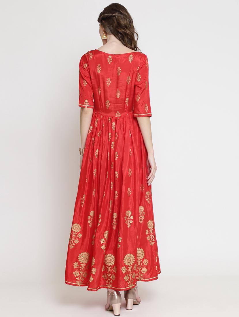 foil printed flared ethnic dress - 16659222 - Standard Image - 3