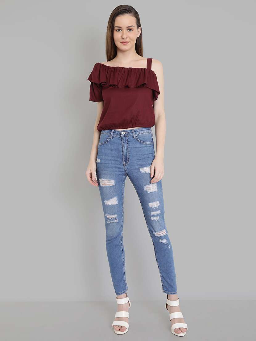 single shoulder ruffled crop top - 16664810 - Standard Image - 3