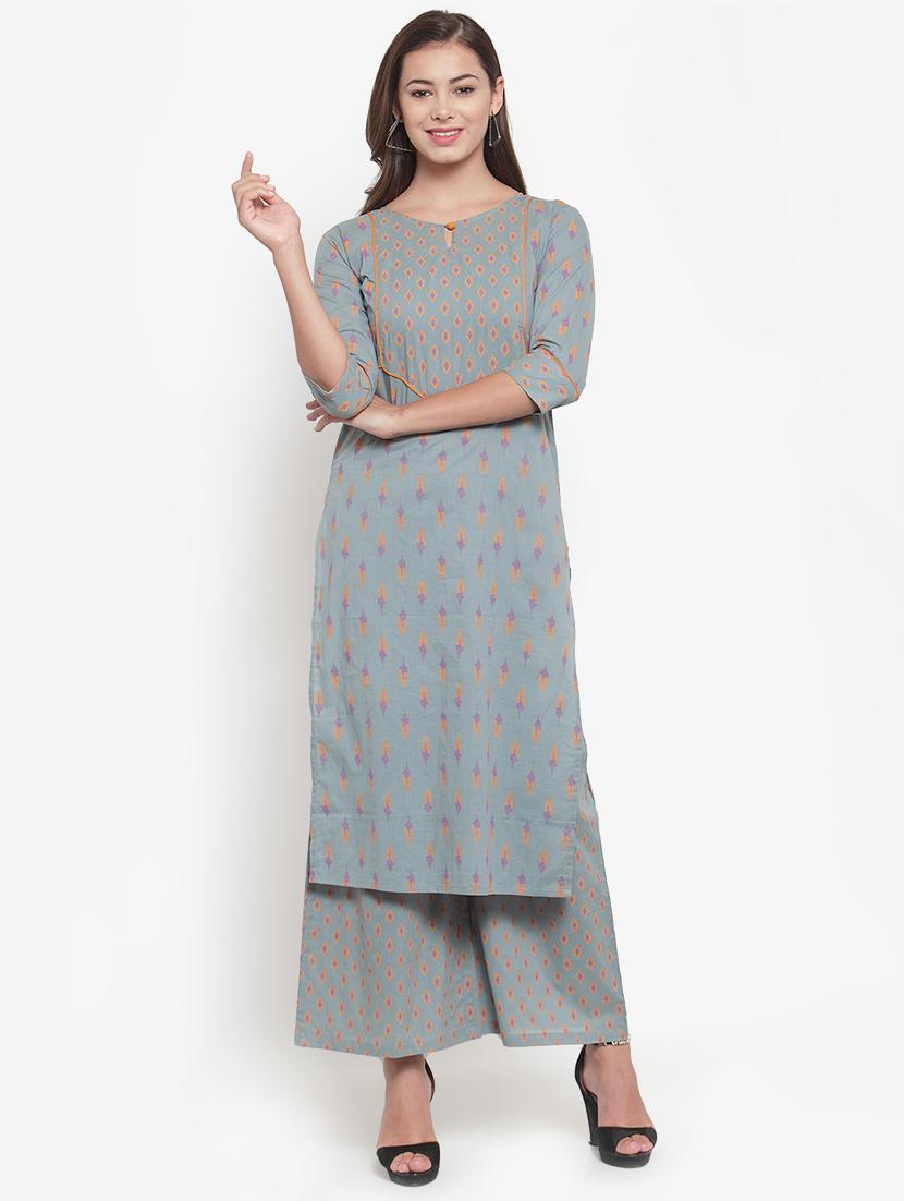 ikat print straight kurta palazzo set - 16666438 - Zoom Image - 0