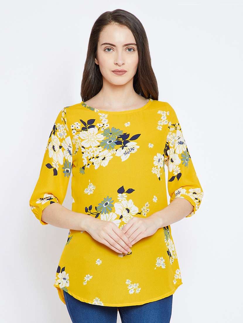 yellow round neck floral print regular tunic