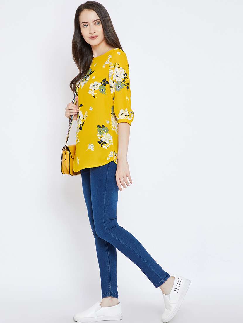 yellow round neck floral print regular tunic - 16670625 -  Standard Image - 3
