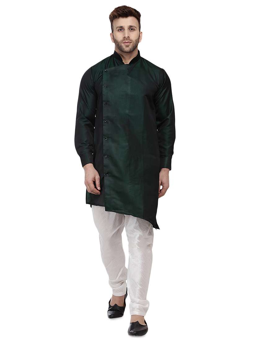 green dupion solid asymmetric kurta - 16671762 -  Zoom Image - 0