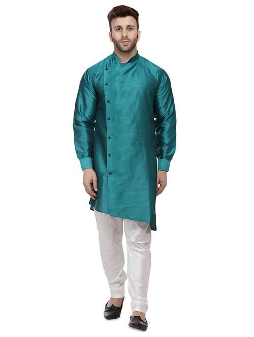 men teal solid asymmetric kurta - 16671763 -  Standard Image - 0