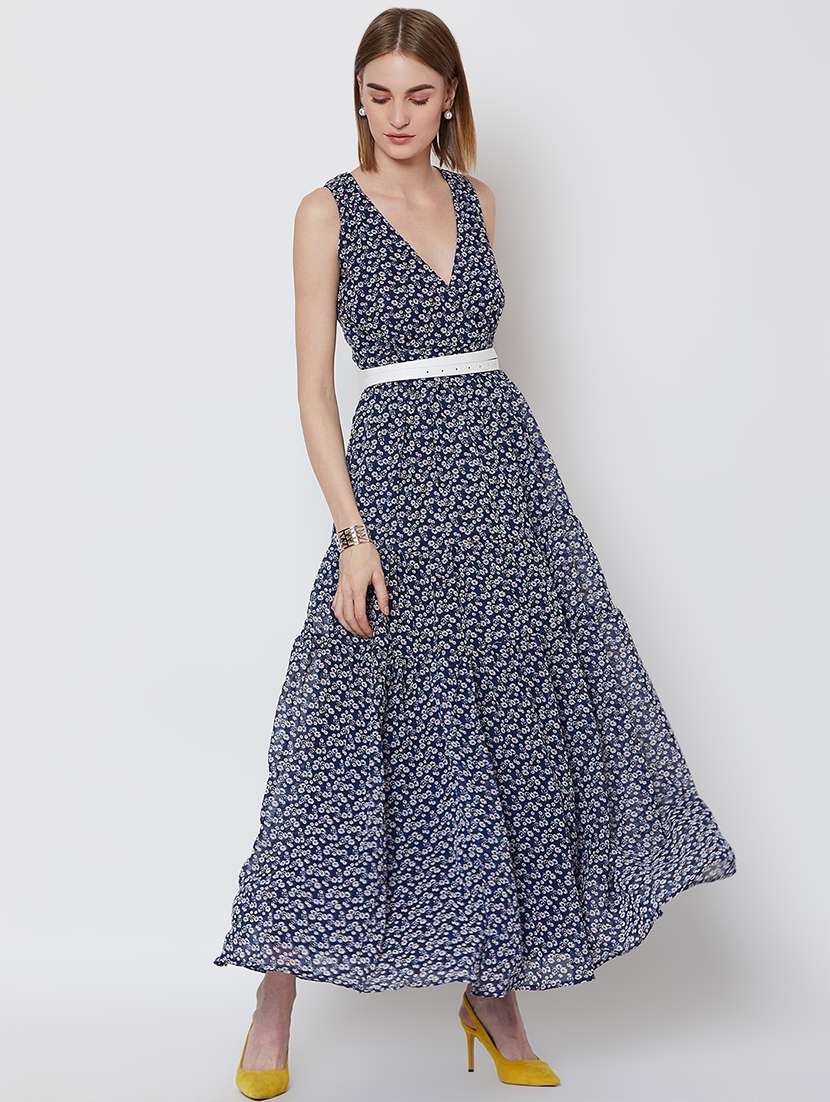 v neck floral belted maxi dress