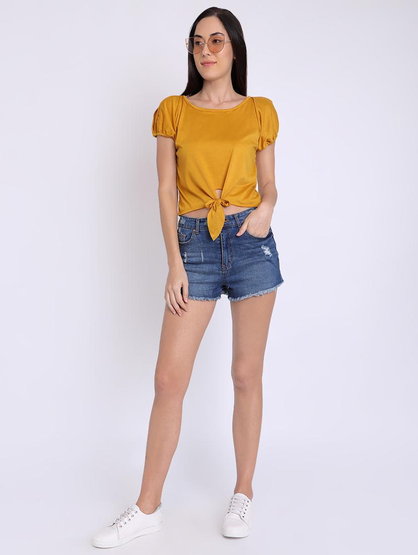 round neck knotted hem crop top - 16675217 - Standard Image - 3