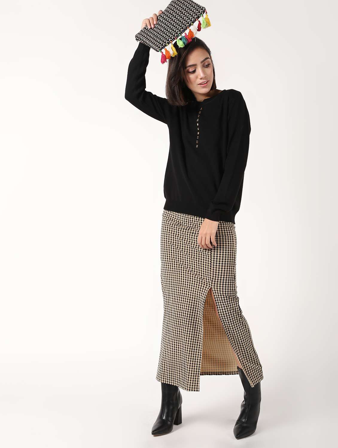 crew neck embellished wool blend pullover