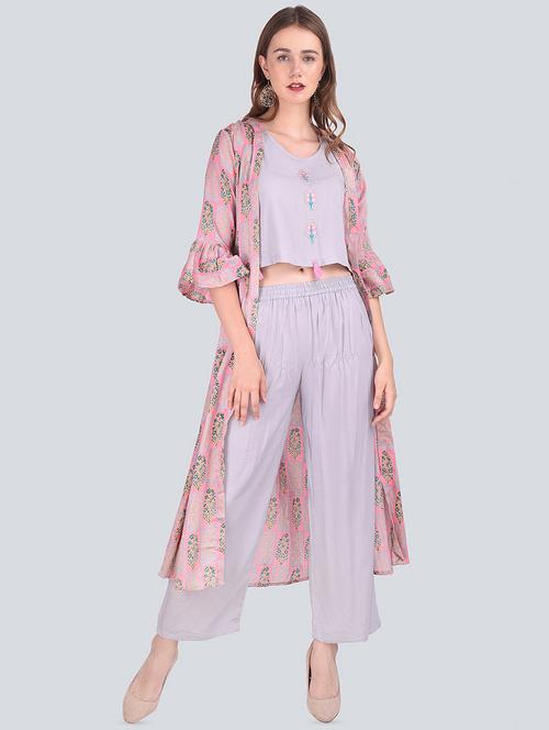 embroidered top palazzo with floral printed jacket set - 16677553 - Standard Image - 0