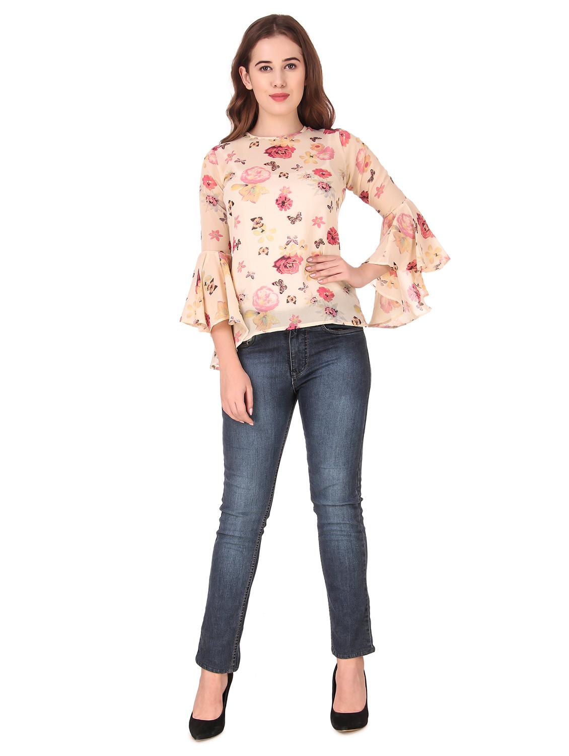 round neck bell sleeved floral top - 16677909 - Standard Image - 3