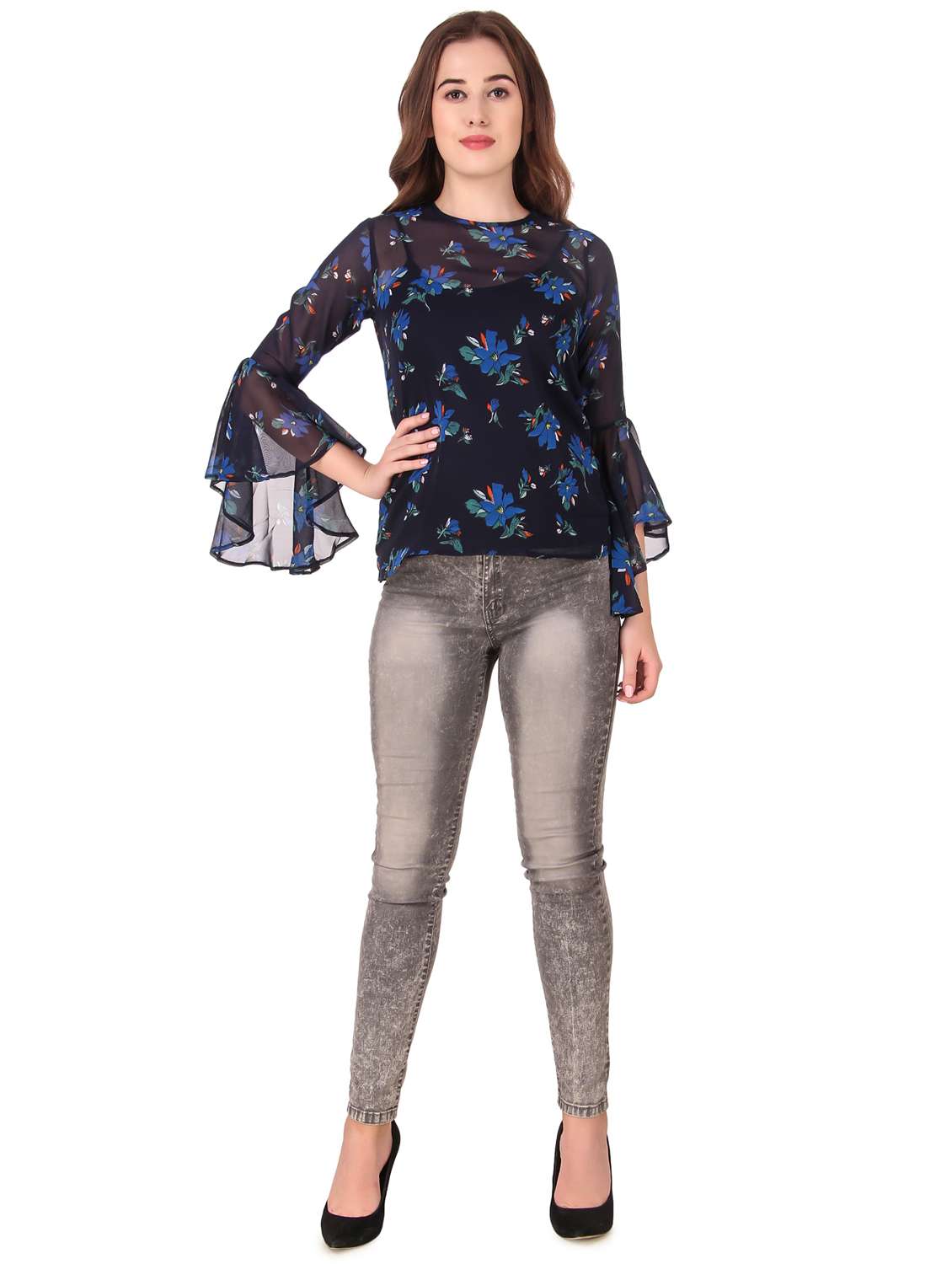 round neck bell sleeved floral top - 16677910 -  Standard Image - 3