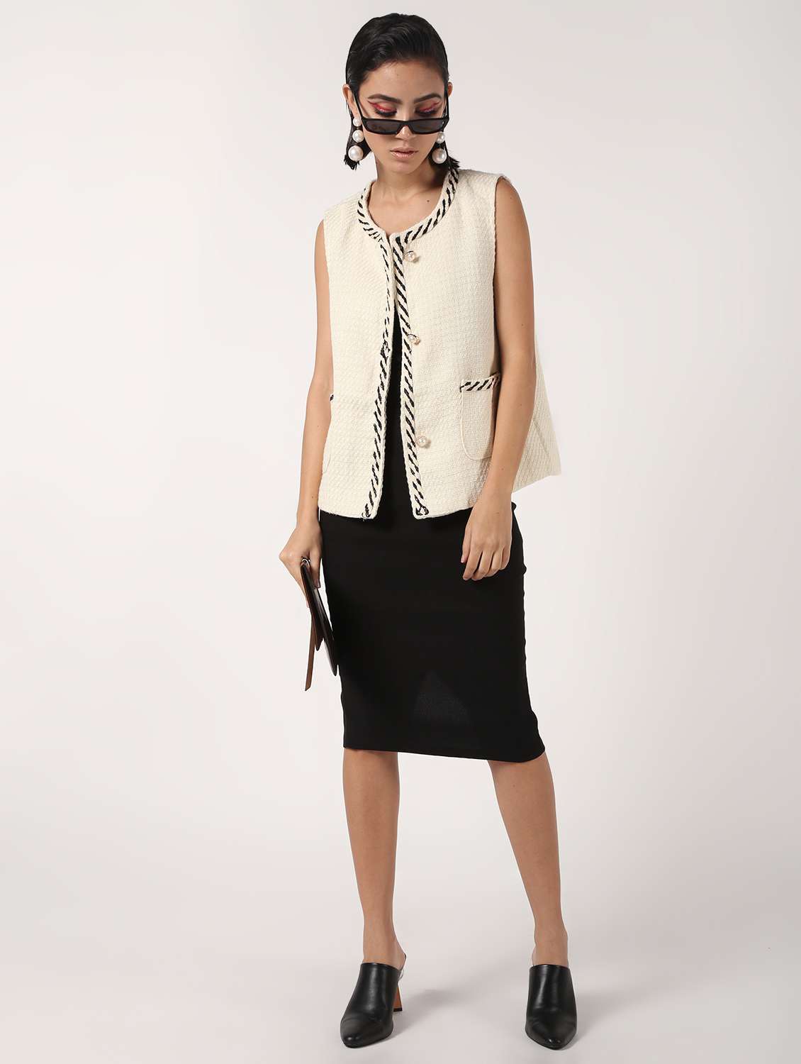 cord embellished pocket slit wool coat