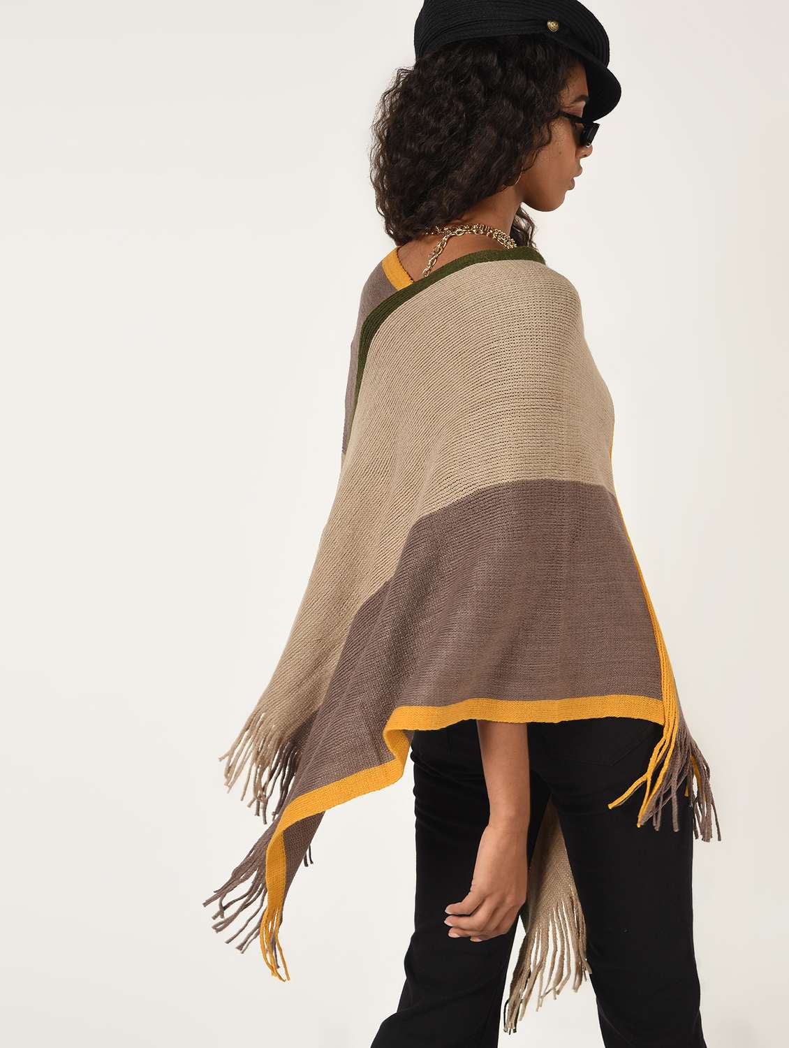 v neck color block wool poncho