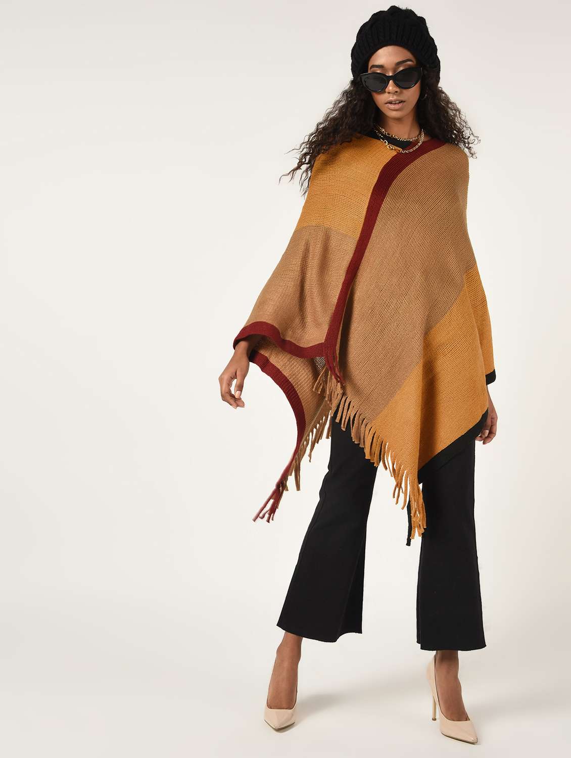round neck fringe hem wool poncho