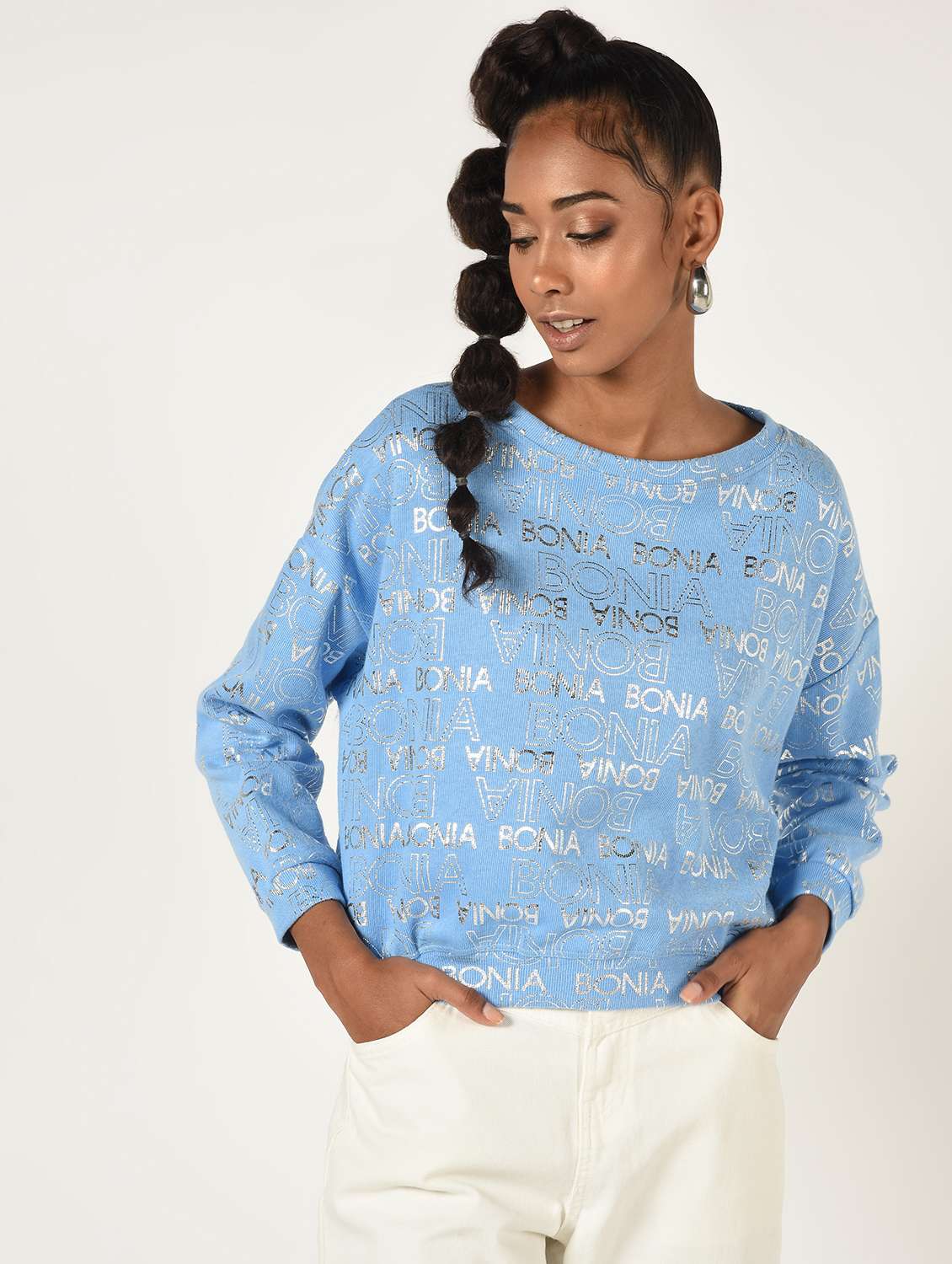 round neck foil print wool blend pullover