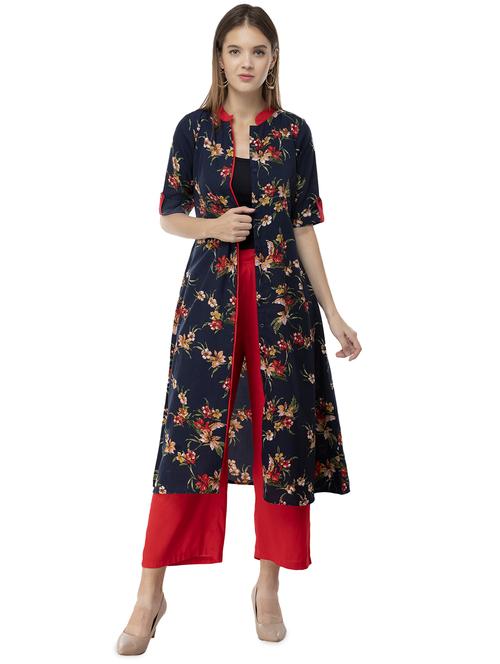 floral printed buttoned kurta with palazzo set - 16682442 -  Standard Image - 0