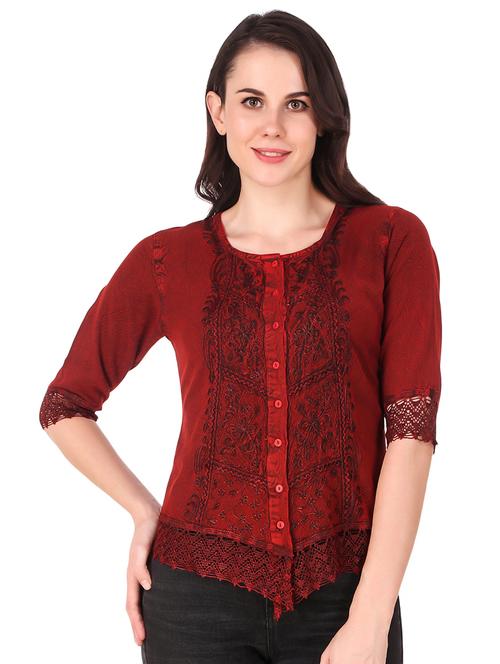 round neck embroidered laced detai top - 16684368 - Standard Image - 0