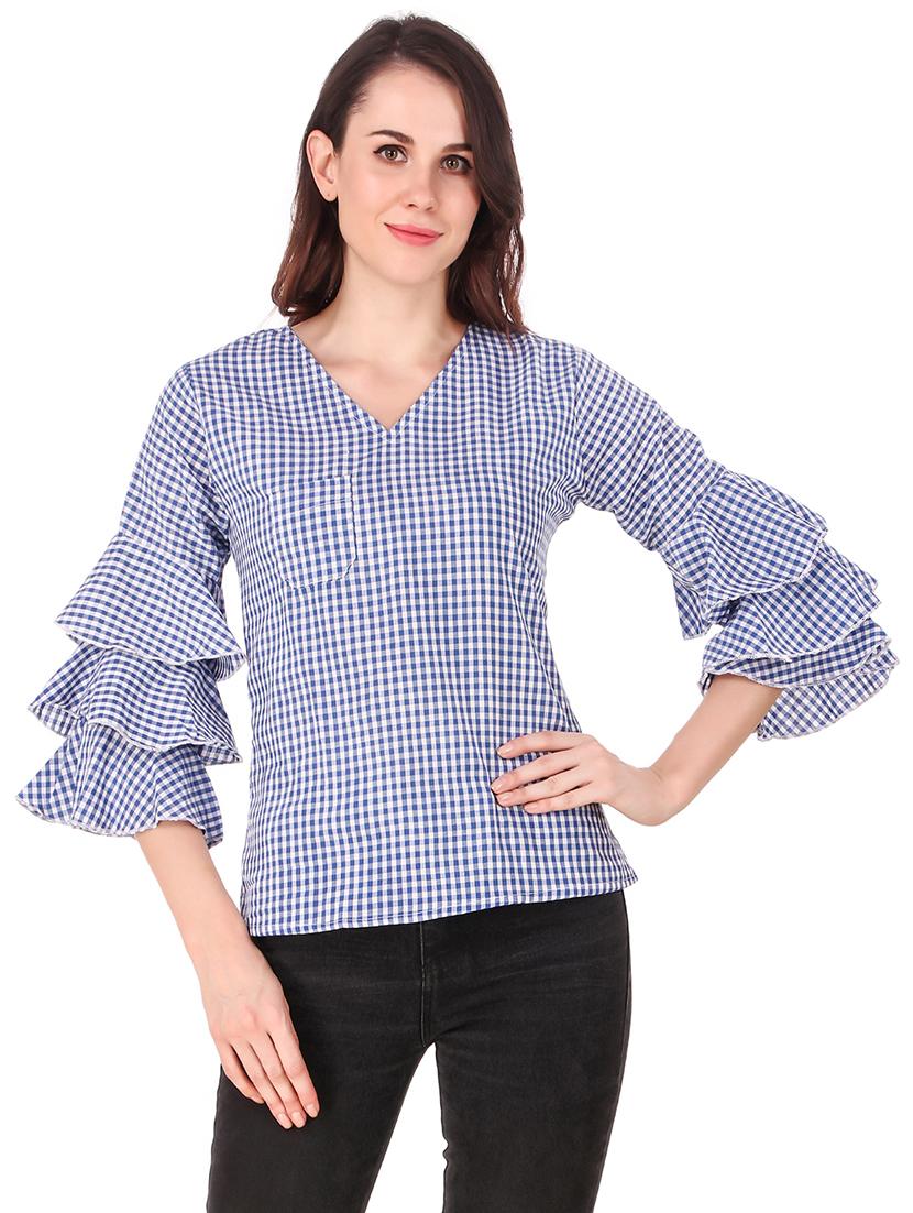 v neck bell sleeved gingham top - 16684370 - Zoom Image - 0