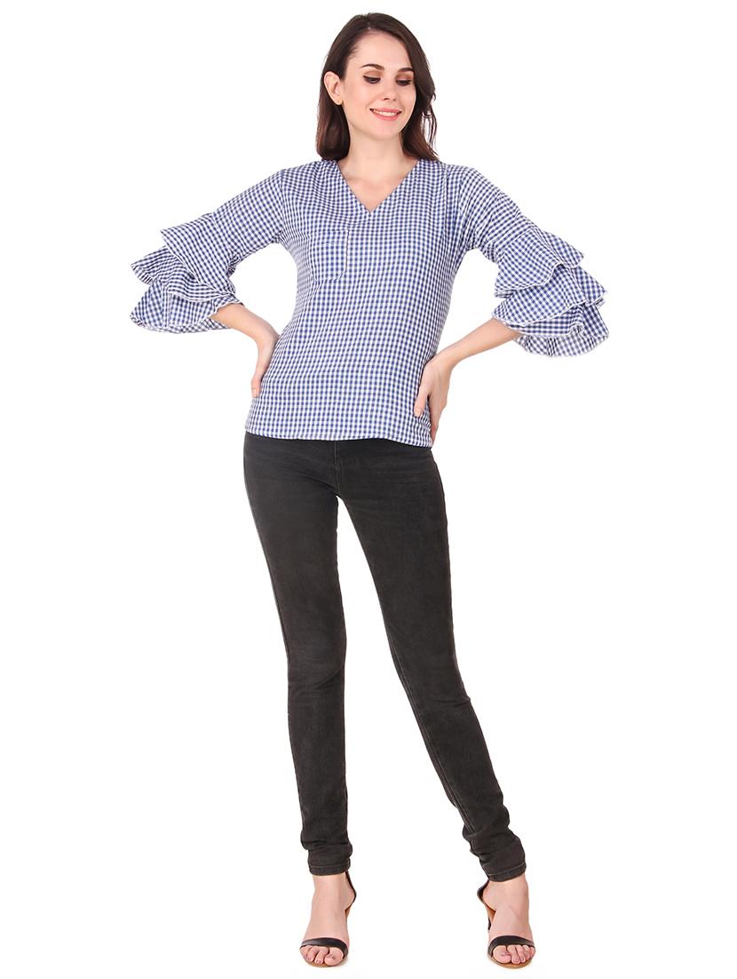 v neck bell sleeved gingham top - 16684370 - Standard Image - 3