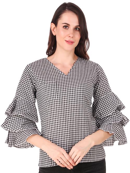 v neck bell sleeved gingham top - 16684371 - Standard Image - 0