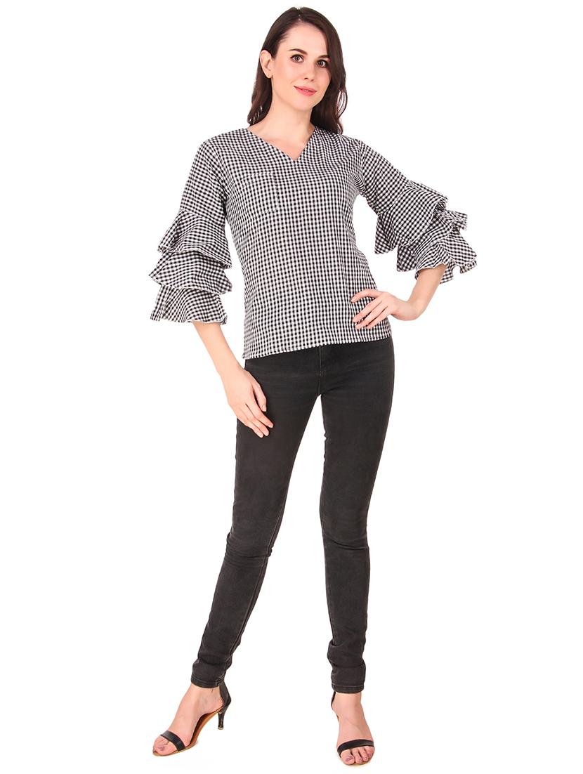 v neck bell sleeved gingham top - 16684371 - Standard Image - 3