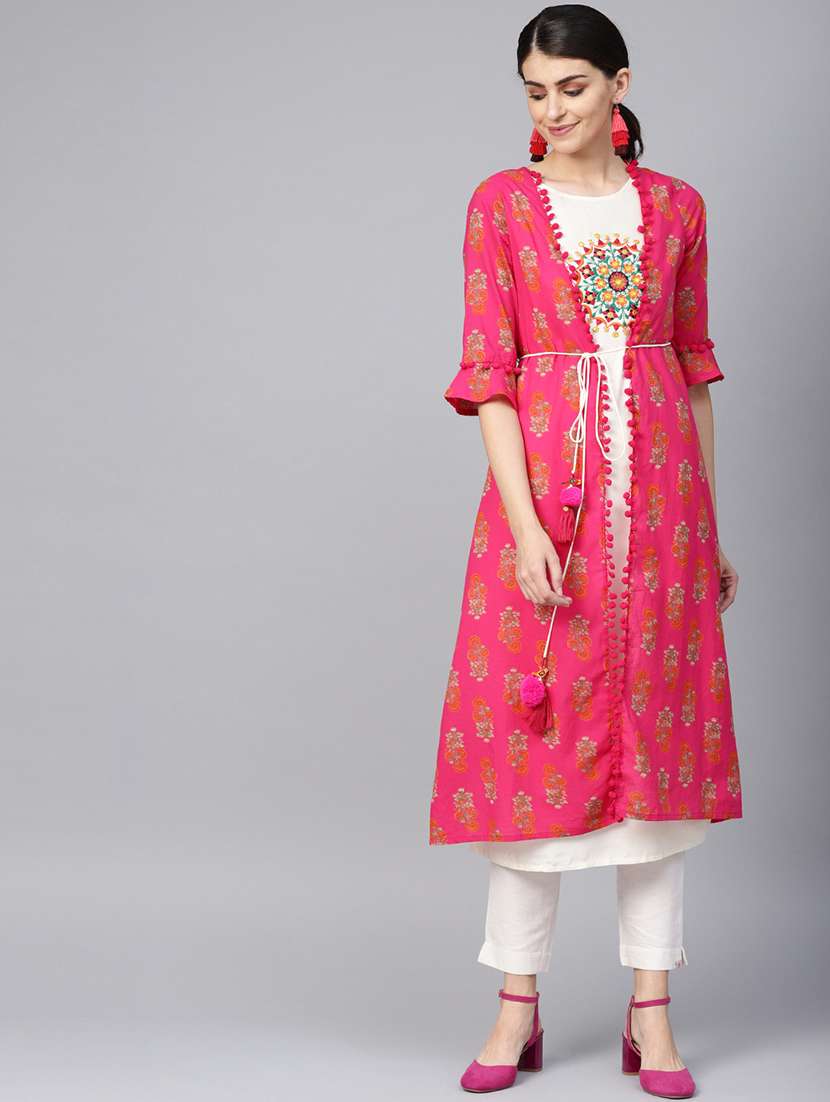 fuchsia block printed kurta with jacket 