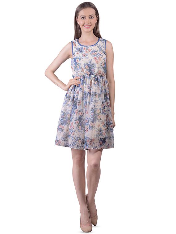 round neck gathered floral a-line dress - 16695748 - Standard Image - 3