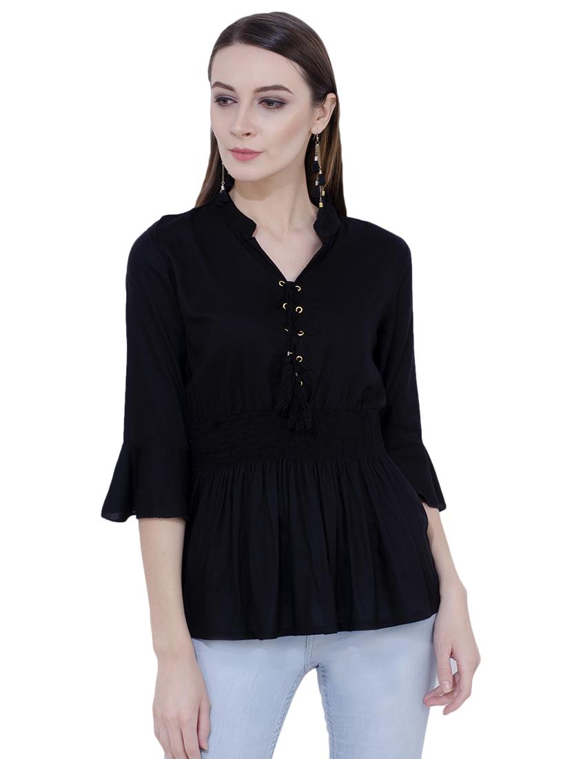 tassel tie up smocked peplum top - 16695777 - Zoom Image - 0