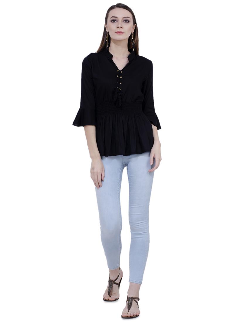 tassel tie up smocked peplum top - 16695777 - Standard Image - 3