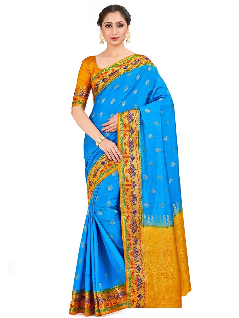 turquoise kanjivaram saree with blouse - 16699104 - Zoom Image - 0