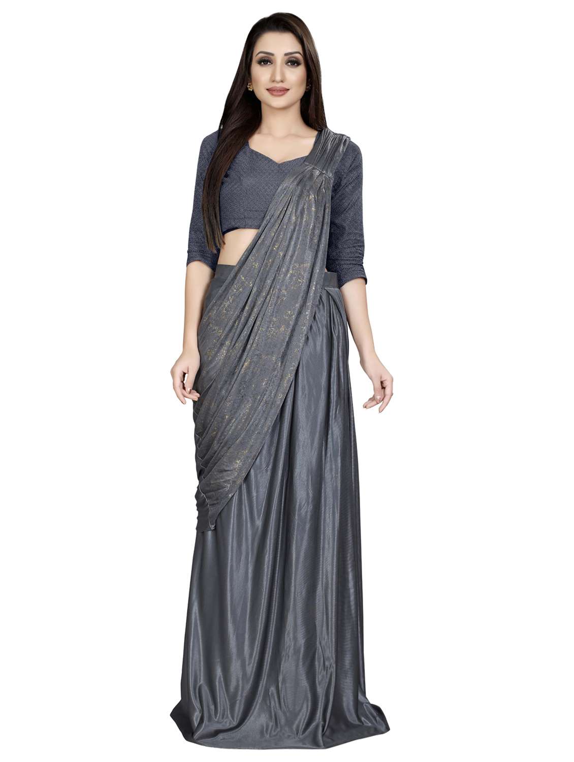 solid fusion draped saree with blouse