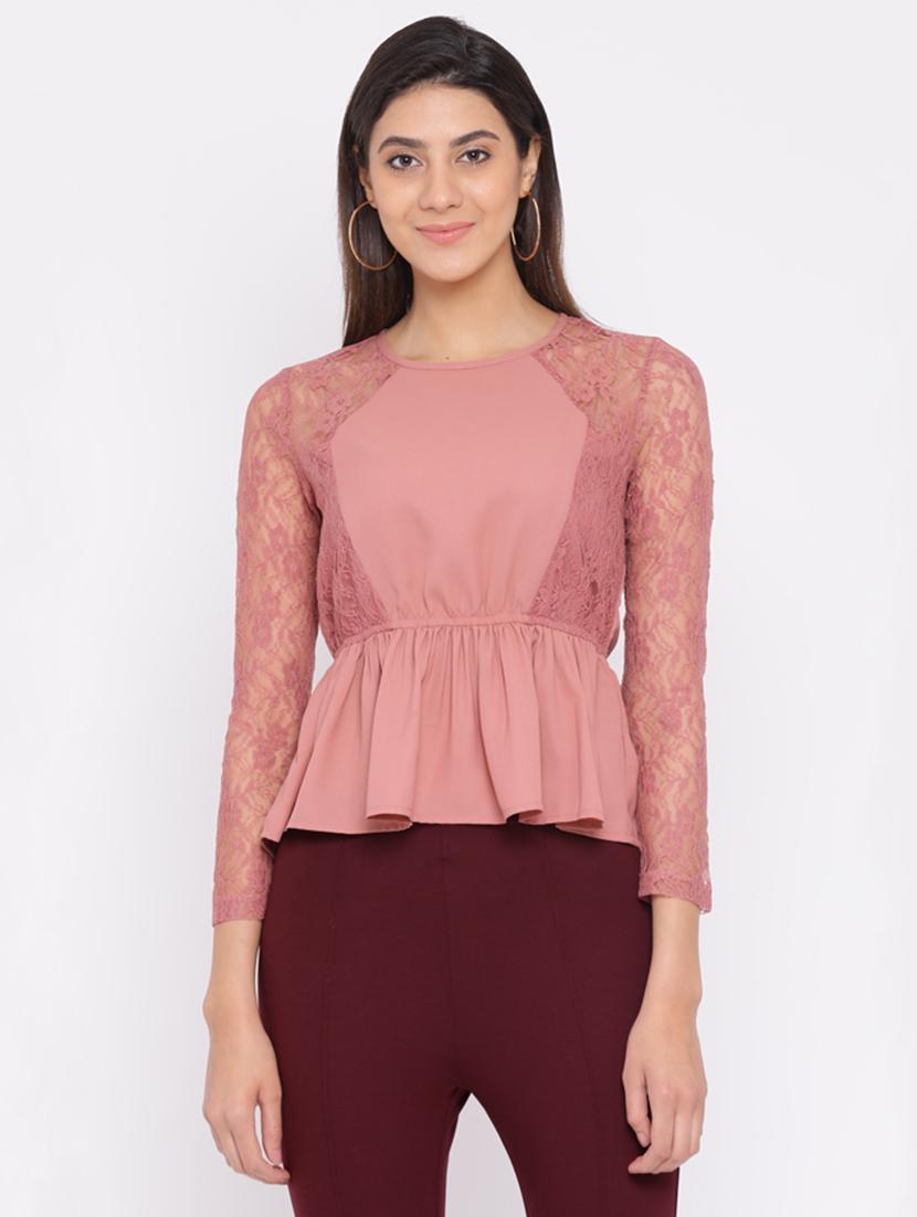 lace detail solid peplum top - 16700742 - Zoom Image - 0