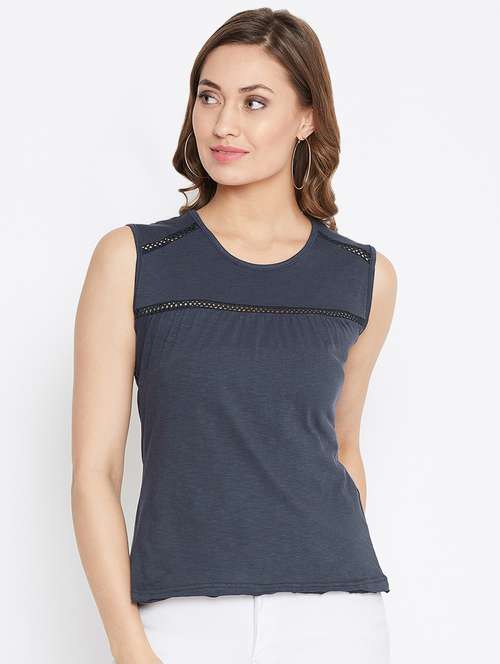 lace detail round neck top - 16704352 - Standard Image - 0