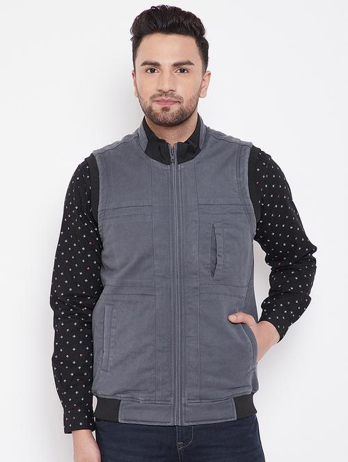 grey solid casual jacket - 16706046 - Standard Image - 0