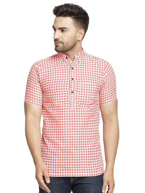 red checkered short kurta - 16708920 -  Standard Image - 0