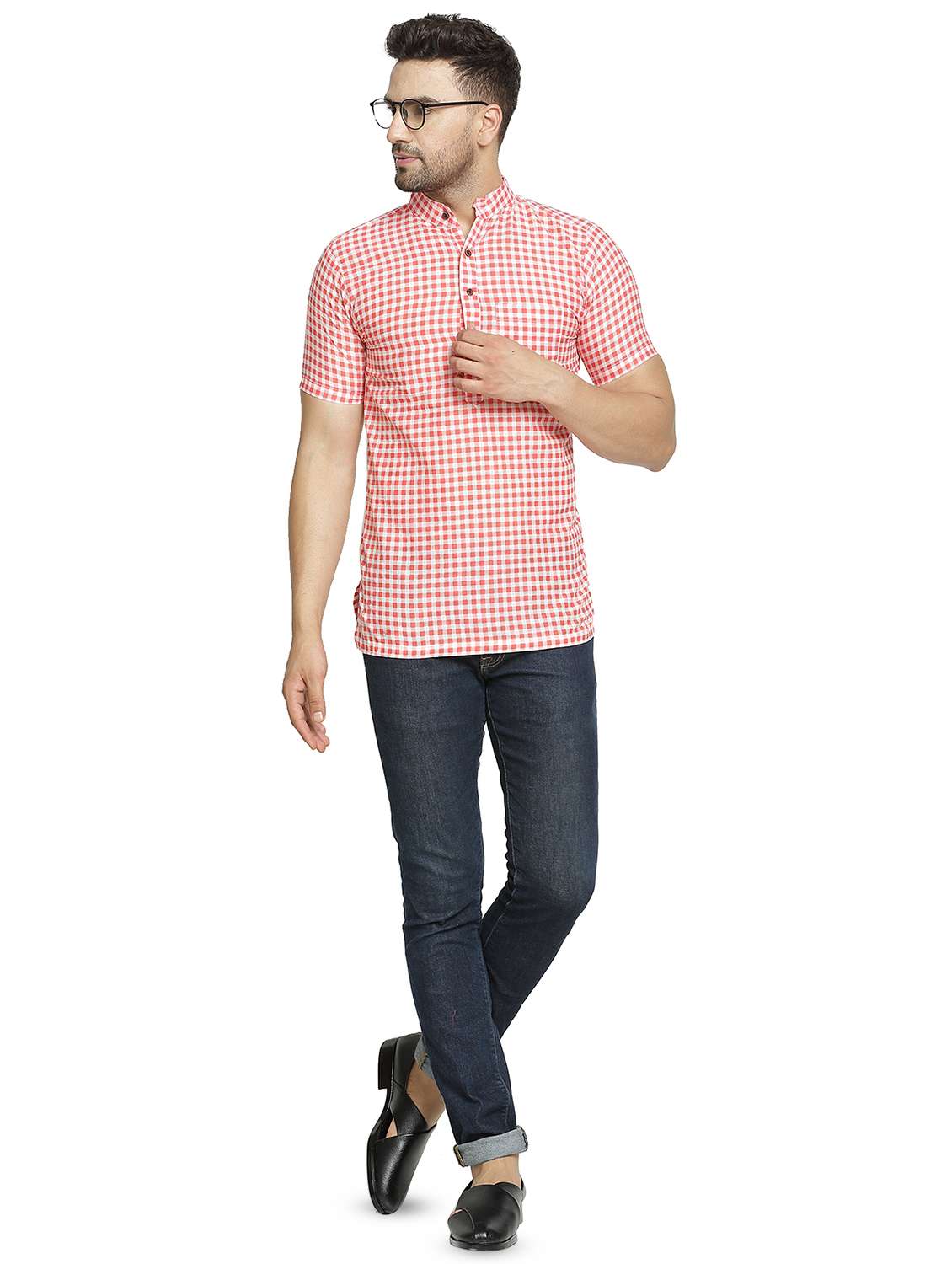 red checkered short kurta - 16708920 -  Standard Image - 3