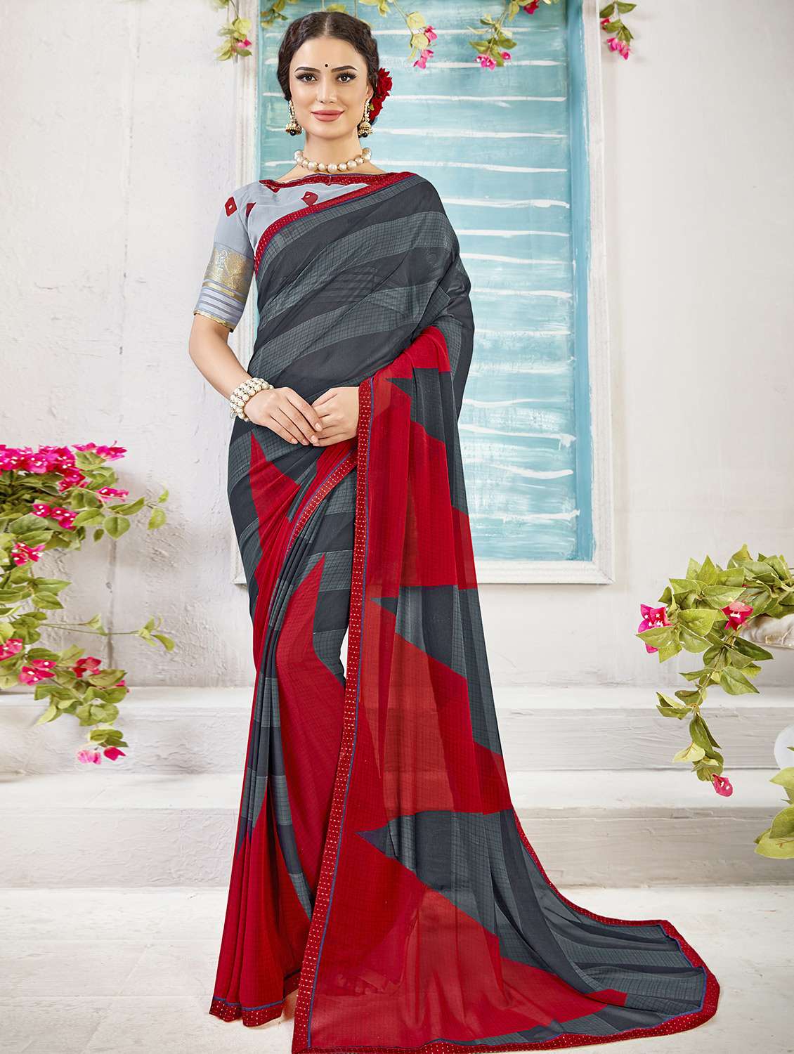 abstract printed saree with blouse - 16711587 - Zoom Image - 0