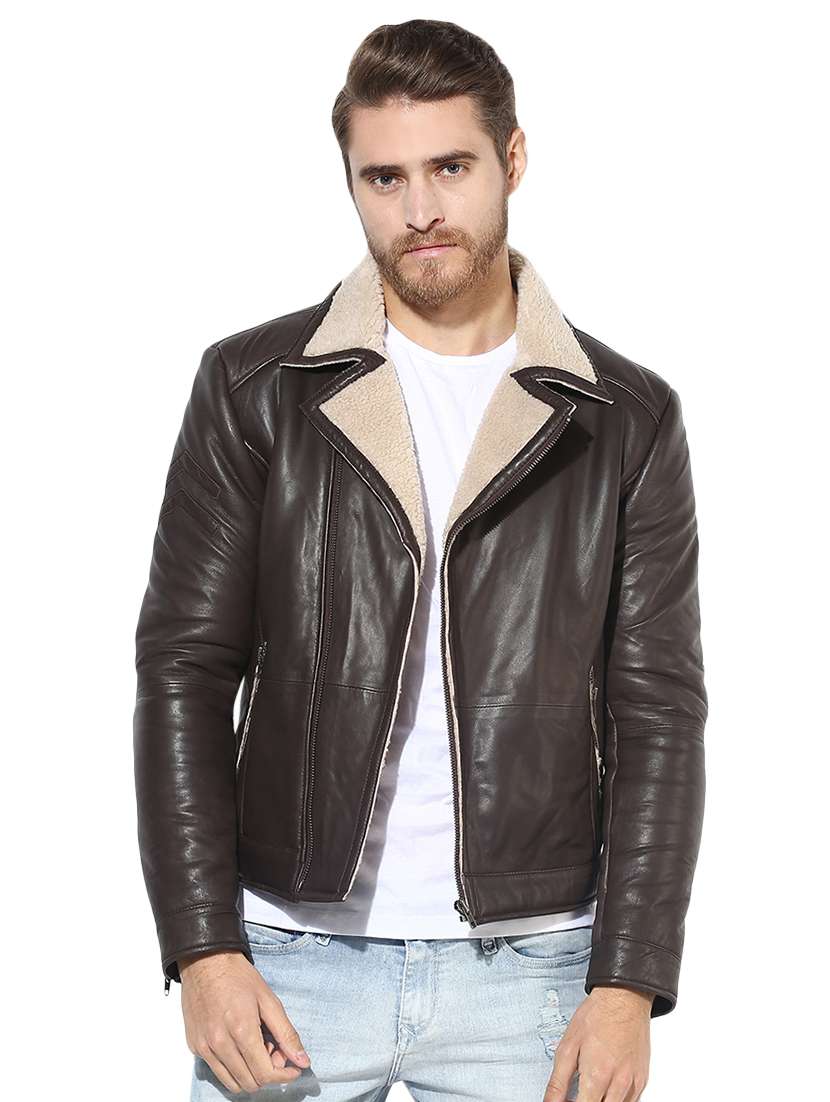 brown solid 100% lamb leather jacket